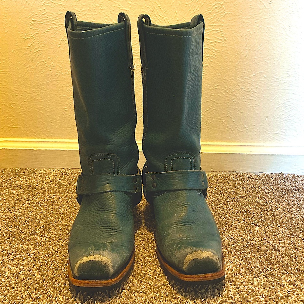 FRYE Blue Leather Belted Harness 12R Square Toe Boot Women's